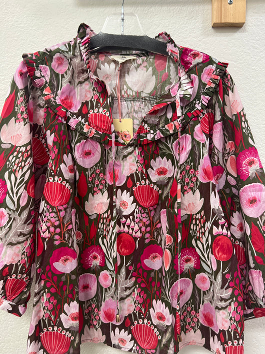 Entro olive pink floral cotton blouse