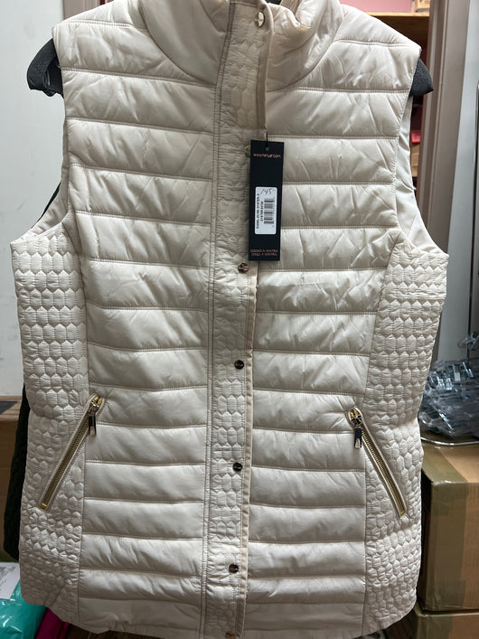Renuar zip up long vest w/ fur collar oyster
