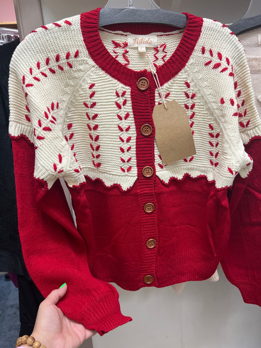 Listicle red ivory cardigan