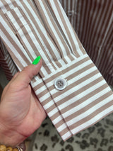 Renuar stripe button up shirt tan combo