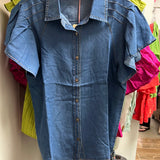 Entro denim pleated ruffle sleeve shirt