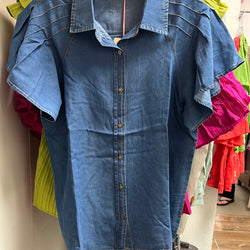Entro denim pleated ruffle sleeve shirt