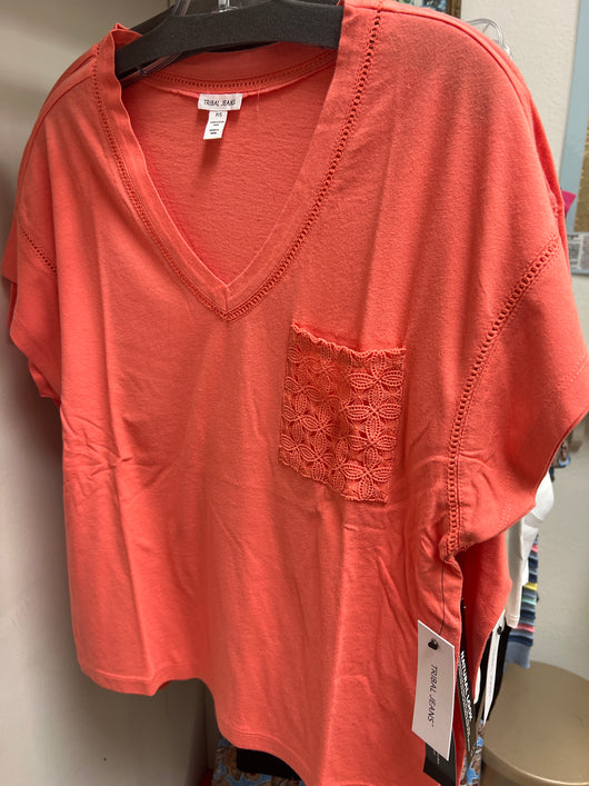 Tribal v-neck crochet pocket tee coral glow