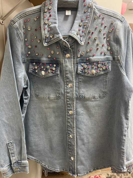 Tribal snap up denim shacket w/ jewel rhinestones
