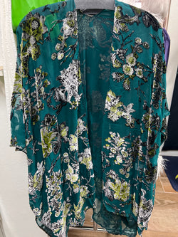 BIZ sheer jade floral velvet kimono