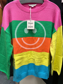 Davi & Dani neon stripe smiley face sweater