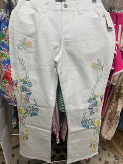 AZI white rhinestone flower jeans