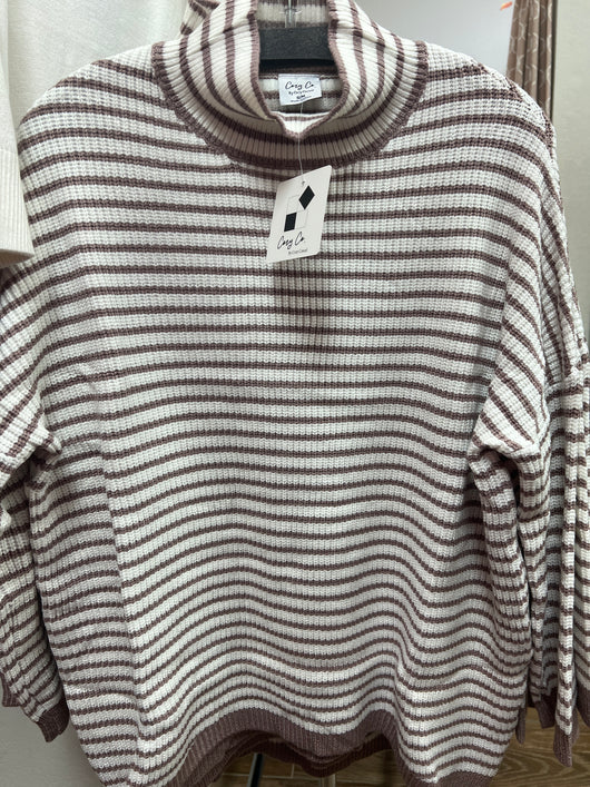 Cozy Co mocha white stripe mock neck sweater