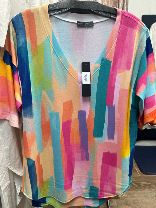 Nally & Millie multi paint swatch v neck top