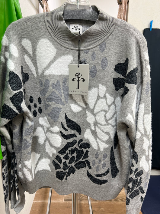 Rain & Rose floral mock neck sweater grey