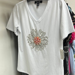 AZI white tee rhinestone pearl flower