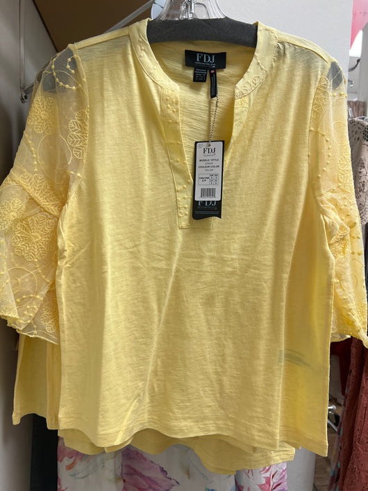FDJ yellow knit top w/ mesh sleeves