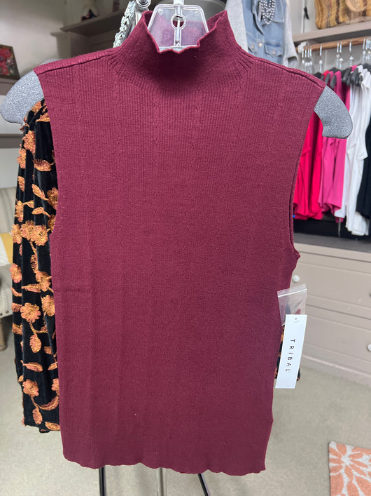 Tribal sleeveless mock neck wine
