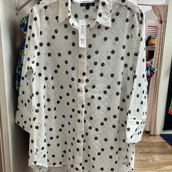 Boho chic white shirt black polka dots
