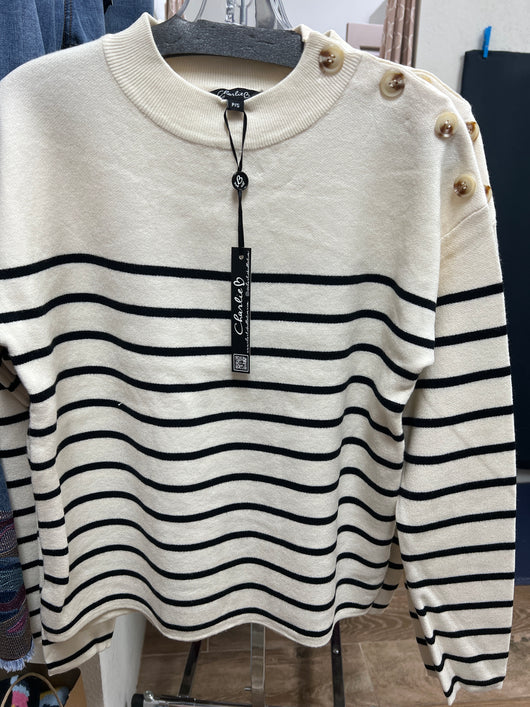 Charlie B ecru black striped sweater