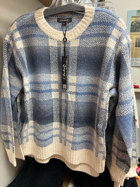 Charlie B plaid space dye sweater frost blue