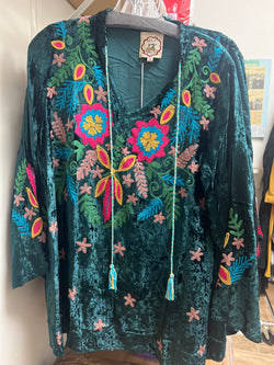 A&A teal velvet embroidered blouse