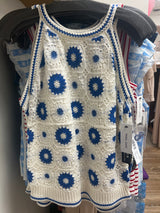 Tribal calypso blue white crochet tank