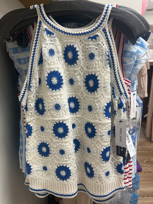 Tribal calypso blue white crochet tank