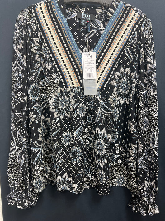 FDJ spiro print black blue mixed media top