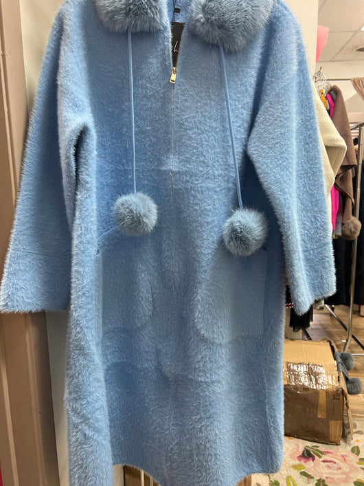 JOH knitted brushed coat w/ fur puffs blue