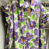 Entro ruffle sleeve purple green floral top