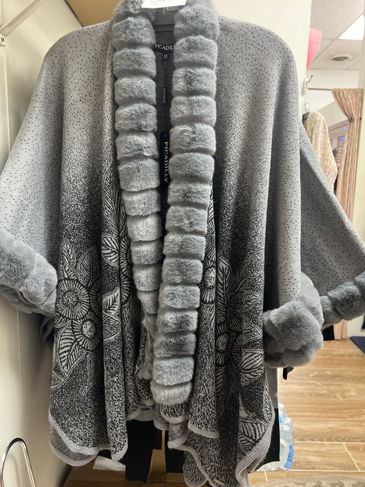 Picadilly grey black fur trimmed cape