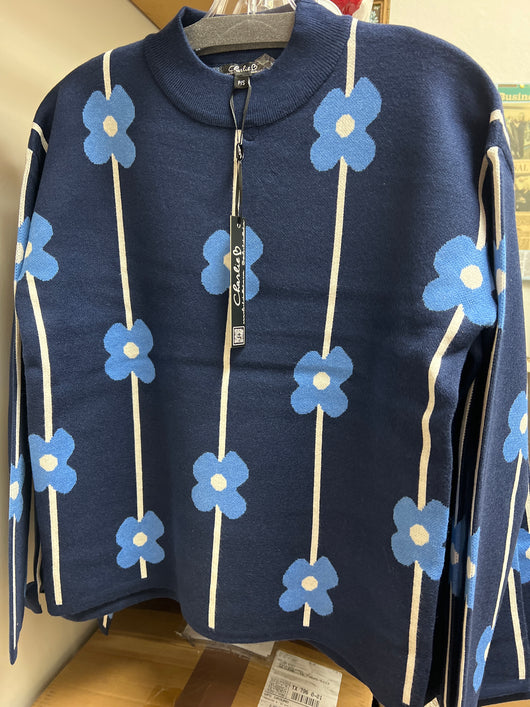 Charlie B navy blue floral stripe sweater