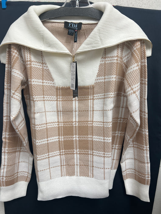 FDJ neutral tartan plaid half zip sweater