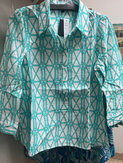 Boho Chic white aqua print blouse