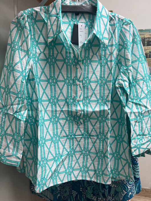 Boho Chic white aqua print blouse
