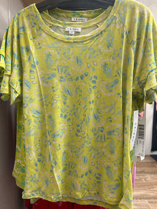 Tribal avocado ruffle s/s top