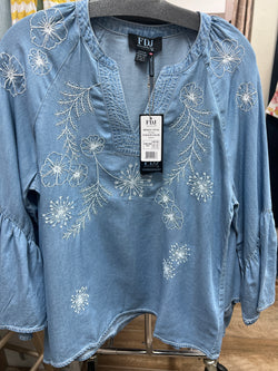 FDJ indigo chambray white embroidered blouse