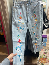 Tribal blue leaf floral embroidered jeans