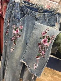 AZI floral embroidered flare leg jeans