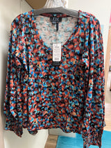 FDJ indi print smocked sleeve v neck top