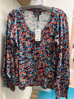 FDJ indi print smocked sleeve v neck top