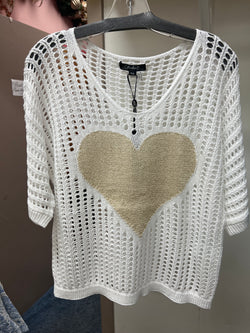 Charlie B white crochet gold heart sweater