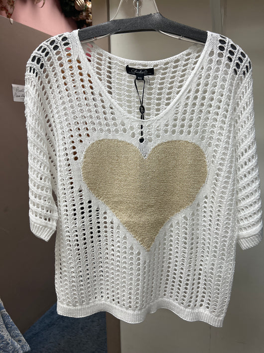 Charlie B white crochet gold heart sweater