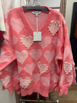 Davi & Dani pink pearls hearts sweater