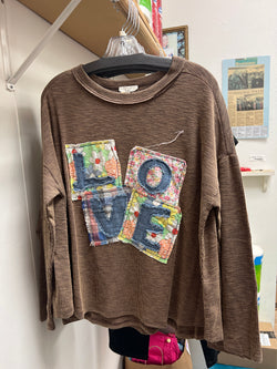 Easel brown long sleeve love patchwork top