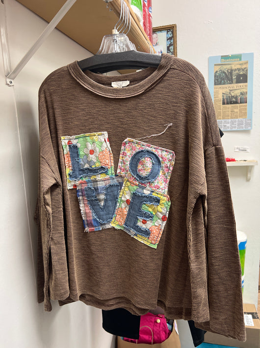 Easel brown long sleeve love patchwork top
