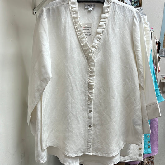 Toofan white ruffle v-neck button up shirt
