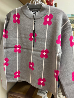 Charlie B grey pink floral stripe sweater