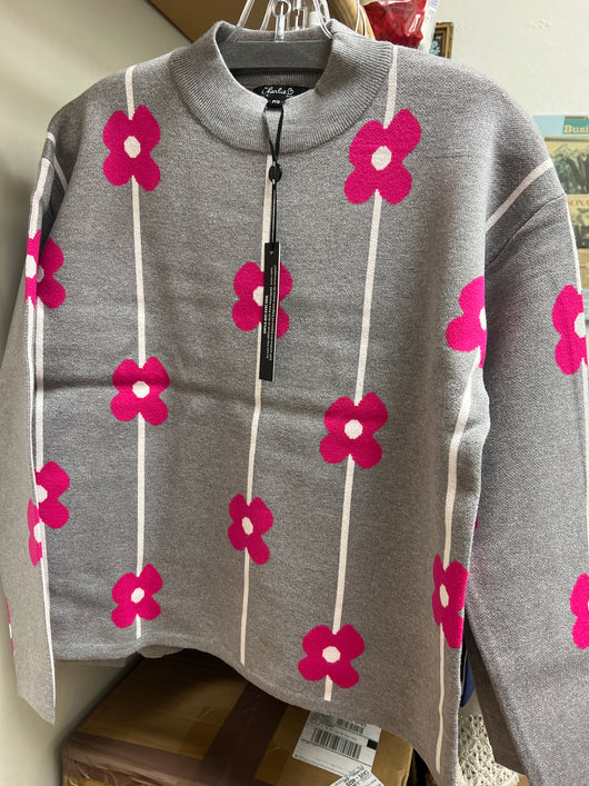 Charlie B grey pink floral stripe sweater