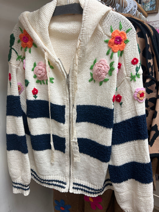 POL navy stripe flower sweater