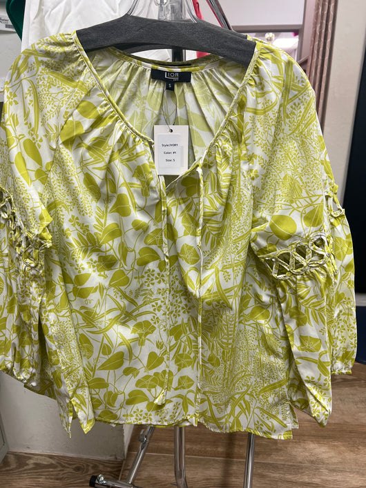Lior lime white braided sleeve blouse