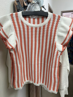 Eesome salmon white stripe ruffle sleeve swtr
