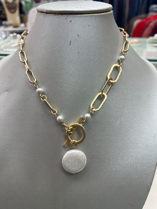 Michele Busch matte gold pearl necklace
