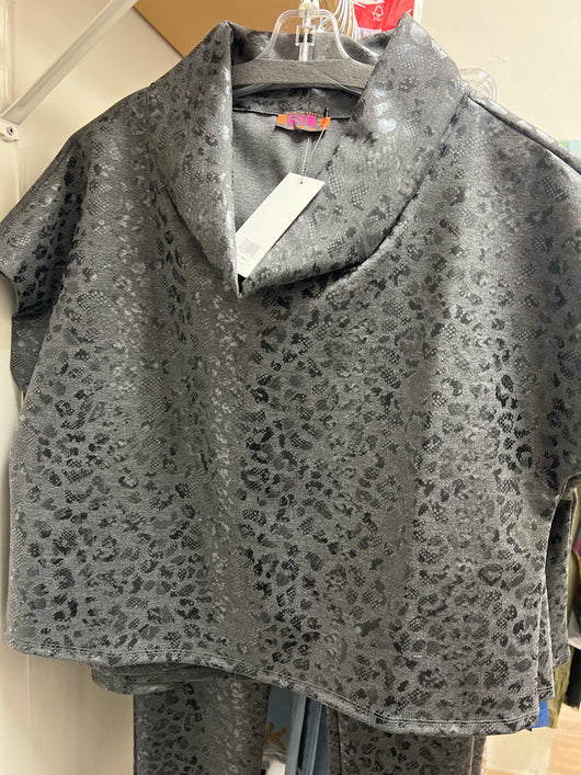 Isle narrative charcoal leopard cowl neck top
